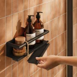 ACSBBK08 Shower Basket with Grab Bar and Magnetic Squeegee (Black)